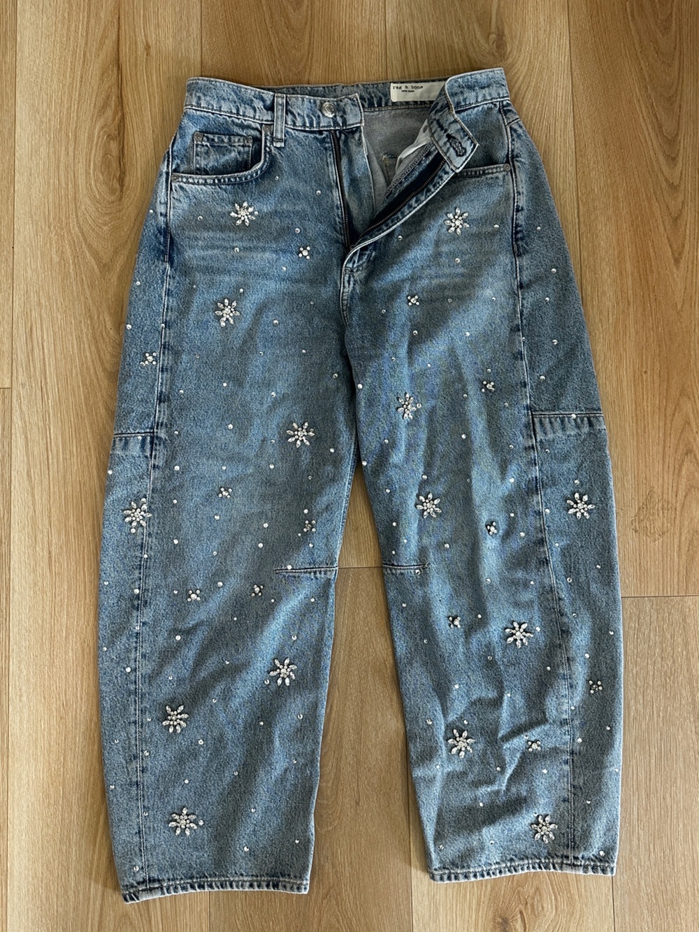 Charlie Flower Crystal High Waist Ankle Barrel Jeans - Picture 2 of 16